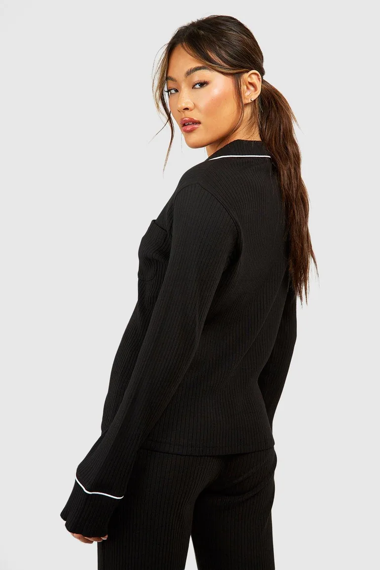 Rib Long Sleeve Button Front Shirt - black - 1