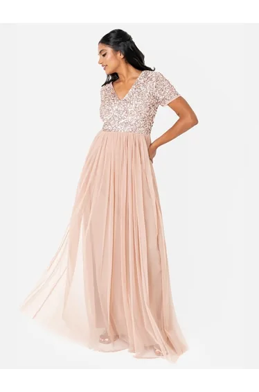 Maya Taupe Blush V Neckline Embellished Maxi Dress