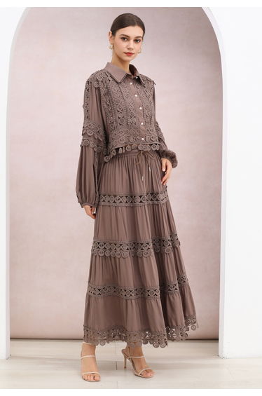 Disc Cutwork Lace Buttoned Top and Tiered Maxi Skirt Set in Taupe for Afternoon Tea & Resort Dinner