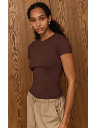 Dark Chocolate Cotton Crew Neck Longline Short Sleeve T-Shirt - 3