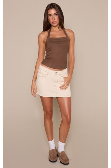 Ecru Contrast Stitch Mid Rise Denim Mini Skirt