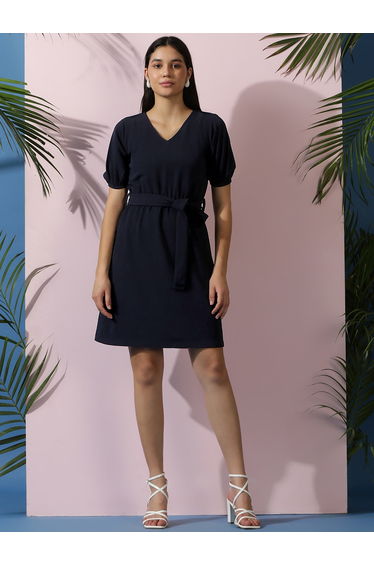 V Neck Puff Sleeves A-Line Mini Dress