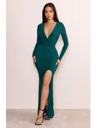 Unforgotten | Bottle Green Wrap Front Maxi With Side Split - 4