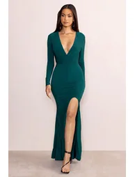 Unforgotten | Bottle Green Wrap Front Maxi With Side Split - 2