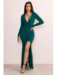 Unforgotten | Bottle Green Wrap Front Maxi With Side Split
