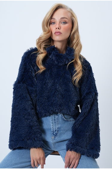 Women's navy blue high neck furry plush blouse