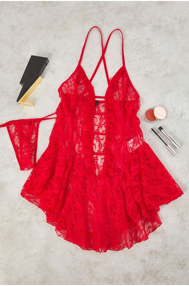 Red Lace-Banded Openwork Coverless Babydoll