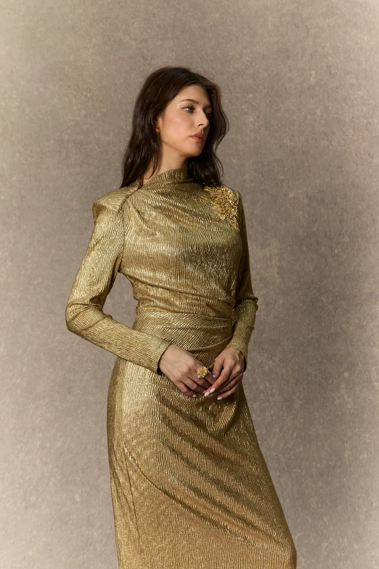 Brilliant Allure Gold Floral Embellished Texture Midi Dress - 7