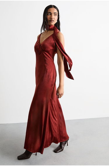 Plain Scarf Detail Tie Neck Maxi Dress