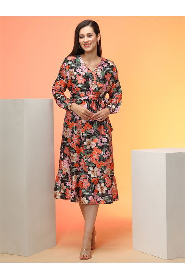 All-Over Floral Print Wrap V-Neck Midi Dress with Belt