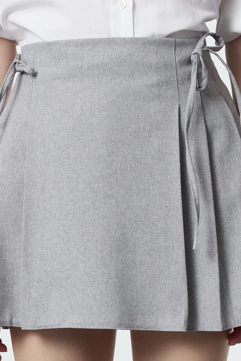 Mini Length Woven Skirt with Grey Pleat and Ribbon Detail - 2