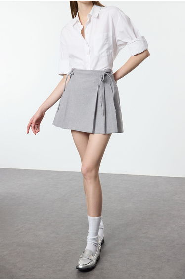 Mini Length Woven Skirt with Grey Pleat and Ribbon Detail