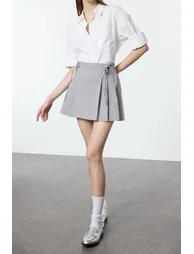 Mini Length Woven Skirt with Grey Pleat and Ribbon Detail