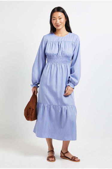 Petite Shirred Bodice Tiered Stripe Midi Dress