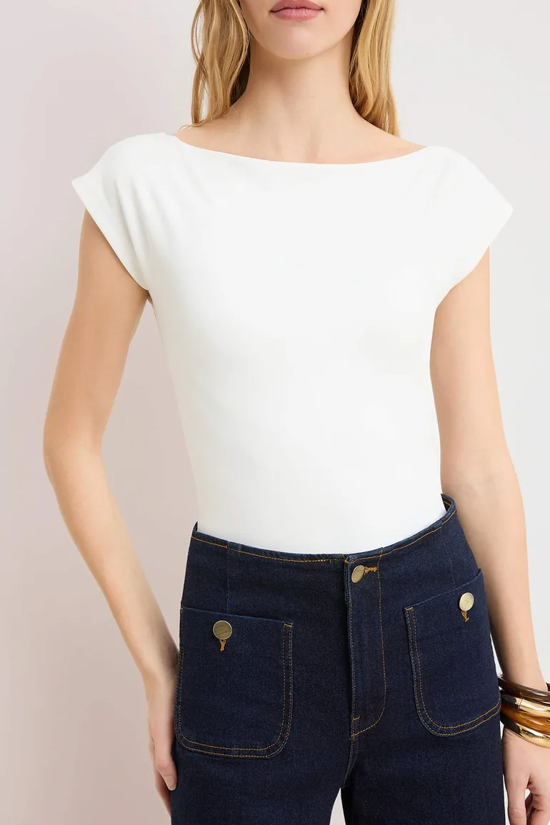 Ecru Fitted/Bodycon Boat Neck Flexible Snap Fastener Knitted Bodysuit - 2