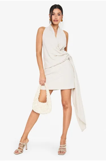 Tall Linen Look Drape Cowl Wrap Mini Dress - natural
