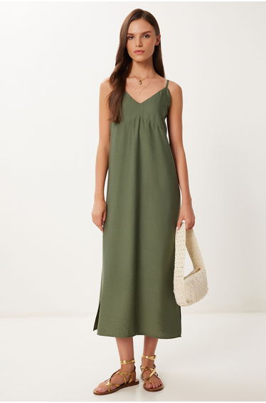 Women's Khaki Strappy Summer Midi Crinkle Dress