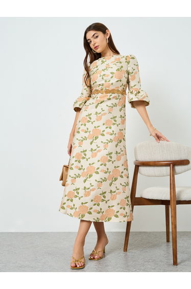 Women Beige Floral Maxi Dress with 3/4 Sleeves