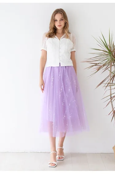 Shimmery Sequin Mix-Color Mesh Maxi Skirt in Lilac