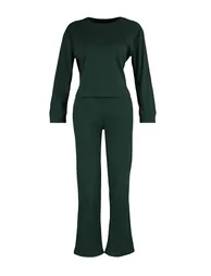 Dark Green Corded Cotton T-shirt-Pants Knitted Pajama Set - 5