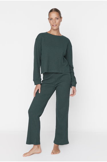 Dark Green Corded Cotton T-shirt-Pants Knitted Pajama Set