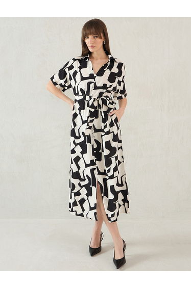 Abstract Print Collared Shirt Midi Dress with Belt Detail