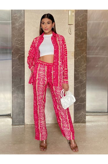 Pink Tie Dye Print Linen Shirt and Pants Co-ords