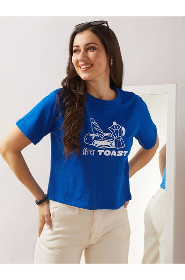 Blue Graphic Print Boxy Crop T-Shirt