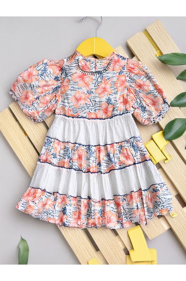 Floral Print Schiffli Tiered Dress with Balloon Sleeves