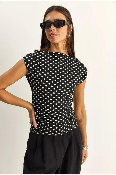 LUCCI Fitted Cowl Neck Polka Dot Blouse