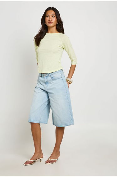 Slub 3/4 Sleeve Curved Hem Top - lime