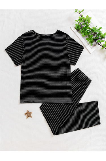Lace Insert Short Sleeve Top and Pyjama Set
