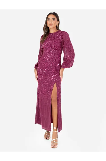 Maya Deep Pink Fully Embellished Blouson Sleeve Maxi Dress