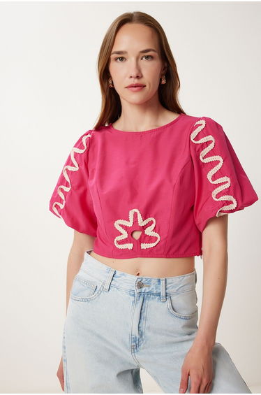 Women's Dark Pink Balloon Sleeve Embroidered Crop Poplin Blouse