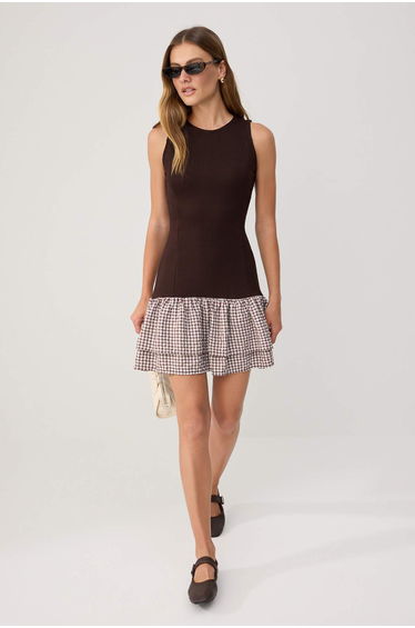 Brown Color Block Skater Woven Detailed Mini Ribbed Stretch Lined Knitted Dress