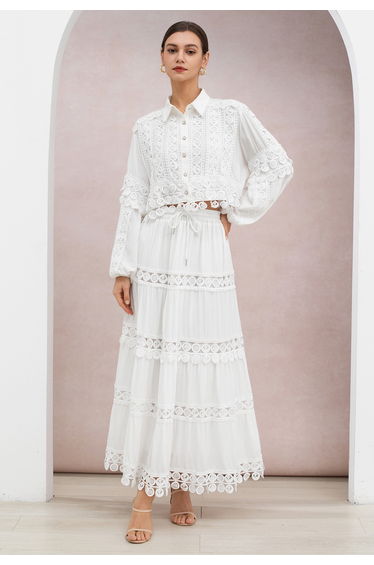 Disc Cutwork Lace Buttoned Top and Tiered Maxi Skirt Set in White for Afternoon Tea & Resort Dinner