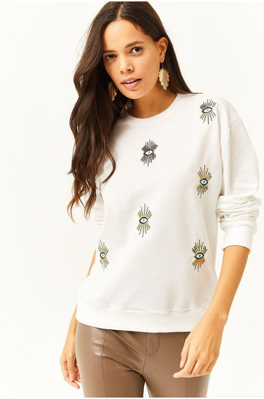 Women's White Eye Embroidered Seasonal Sweatshirt