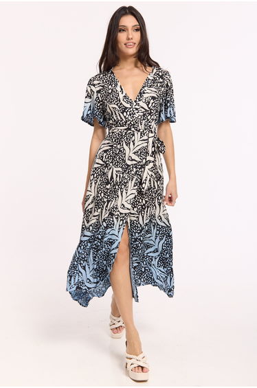 Blue Abstract Print Wrap Midi Dress