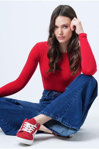 Women's red crew neck jumpsuit with bottom snap closure blouse