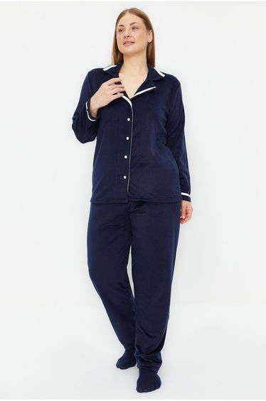 Navy Blue Shirt Collar Piping Fleece Knitted Pajama Set