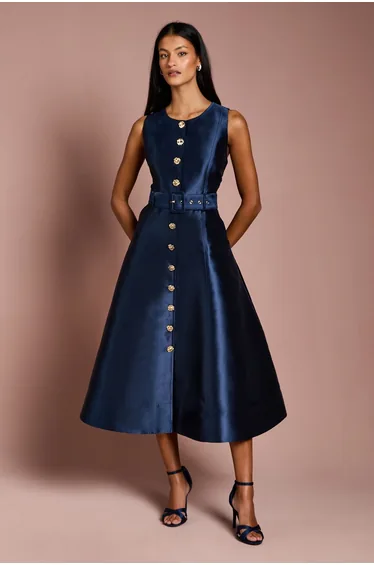 Petite Button Through Belted Prom Dress