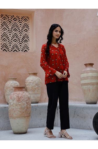 All-Over Print V-Neck Top with Straight Fit Trousers Co-Ords
