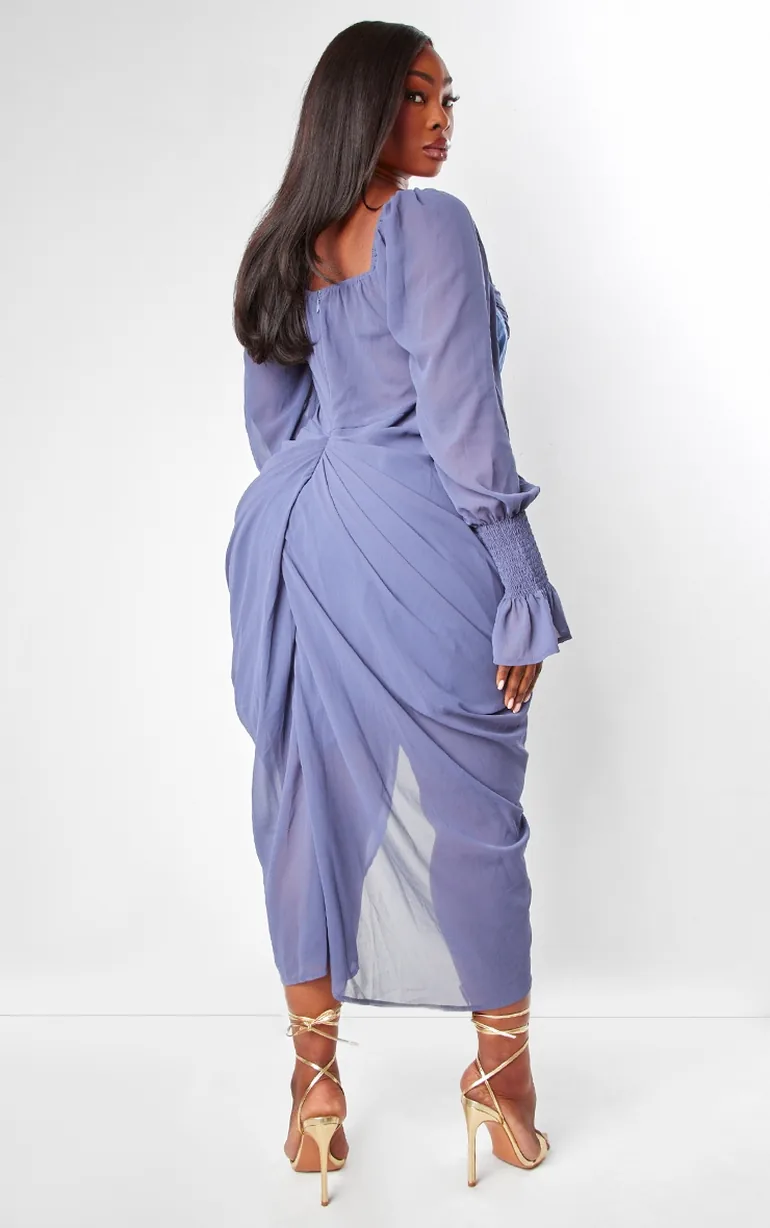mineral blue satin insert draped chiffon midi dress Women's Mineral Blue Satin Insert Draped Chiffon Midi Dress