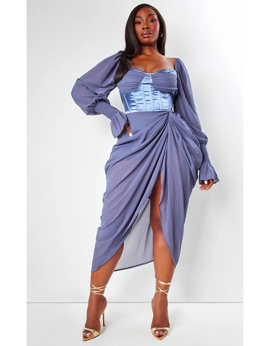 black satin insert draped chiffon midi dress Women's Plus Black Chiffon Overlay Detail Drape Midi Dress