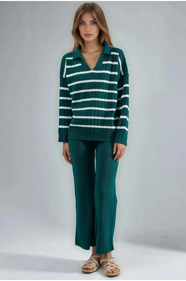 MY FASHION Striped Knit Co-ord Set with Polo Collar