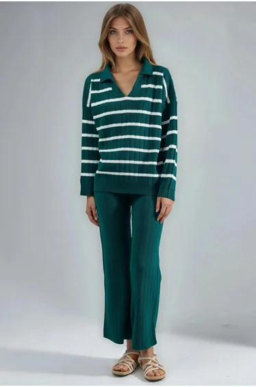 MY FASHION Striped Knit Co-ord Set with Polo Collar