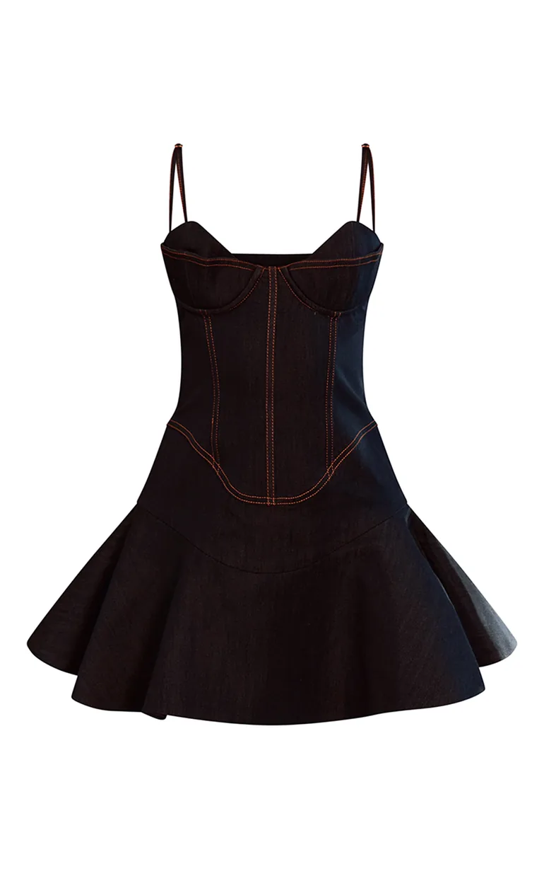 plt denim dress PrettyLittleThing PLT Label Blue Denim Look Tailored Bust Detail Pleated  Hem Bodycon Dress