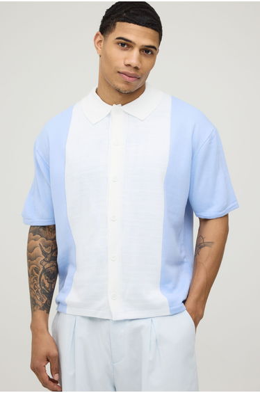 Relaxed Boxy Colour Block Knitted Shirt - blue