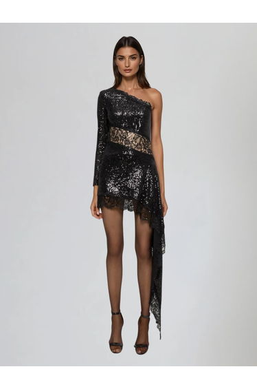 Ekmanix One Shoulder Lace Sequin Mini Dress
