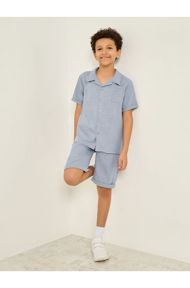 Boys Blue Solid Shirt and Shorts Set